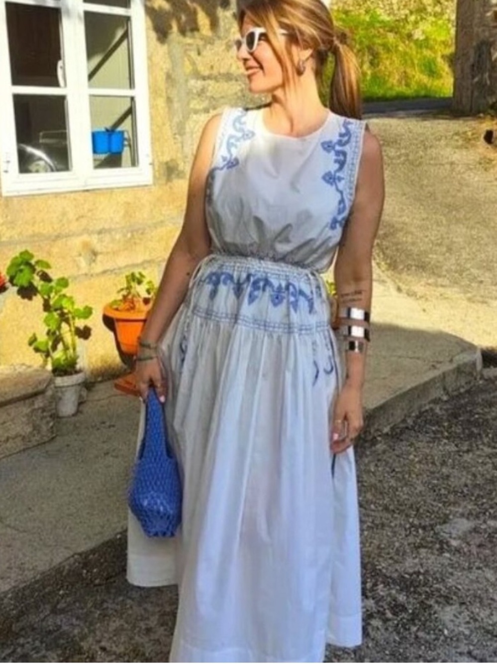Zara Embroidered Midi Maxi Dress White Blue Cotton Embellished Boho S Small - Picture 8 of 15